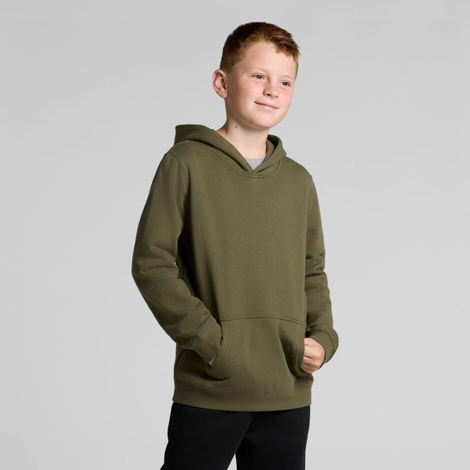 A youth hoodie in olive green featuring a front pocket and a hood. There is a logo on the garment.