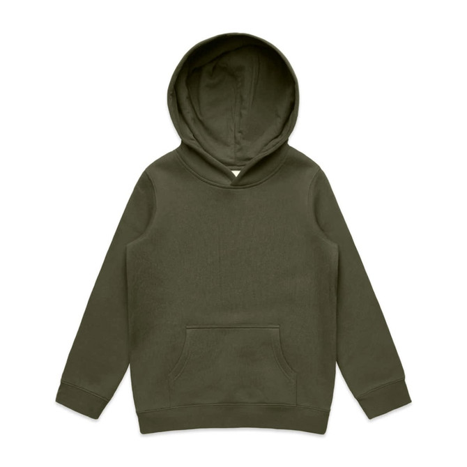 A green hoodie with a front pocket and a hood, featuring a branding logo.