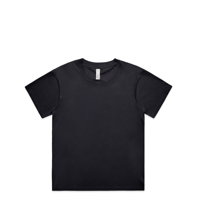 A black t-shirt with a crew neckline, featuring a label inside and a plain design. It has a branding logo.