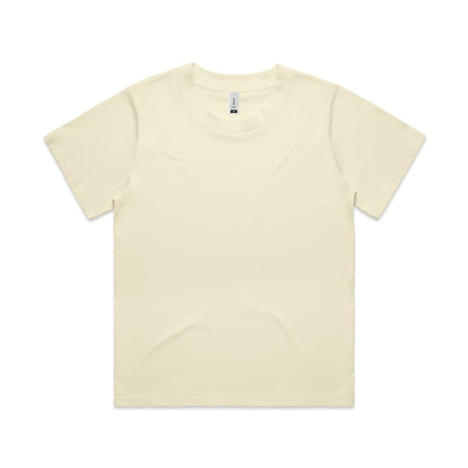 A yellow short-sleeved t-shirt with a round neckline, featuring a plain design and a branding label.