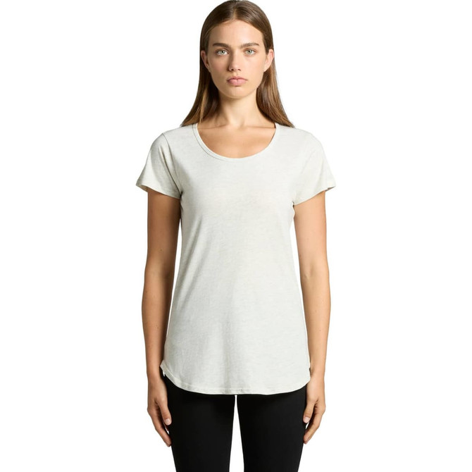 A light grey T-shirt with a scoop neckline and short sleeves, featuring a logo. The model stands facing the camera.