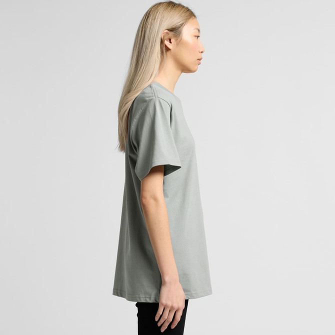 A light grey T-shirt displayed on a model, featuring short sleeves and a loose fit. The design includes a logo.