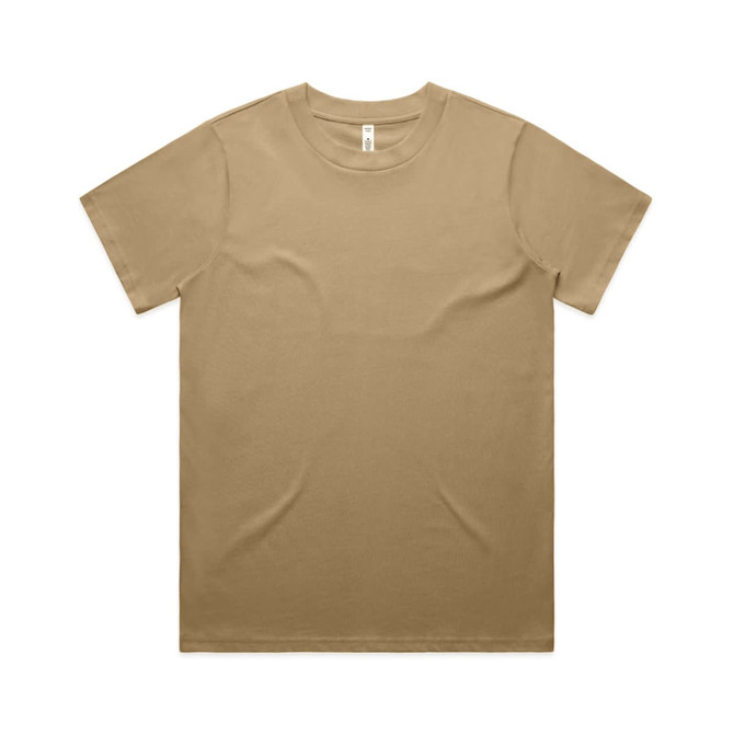 A plain tan t-shirt with a round neck and short sleeves. The shirt features a logo.