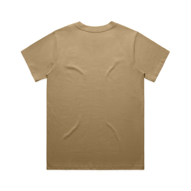 A plain khaki T-shirt with short sleeves and a crew neck. It has a branding logo on the back.
