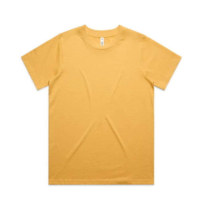 A classic yellow T-shirt with a round neckline and short sleeves, featuring a logo on the label.