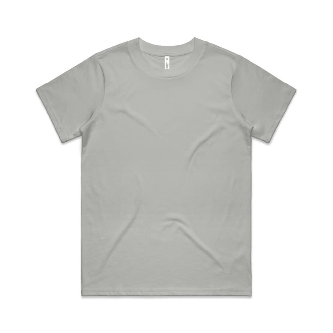 A light grey t-shirt with short sleeves and a crew neck. It features a logo on the inside label.