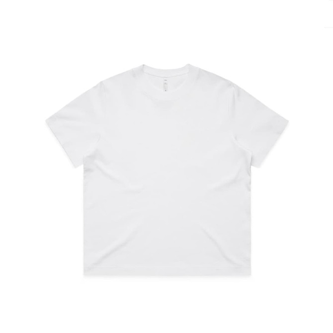 A plain white t-shirt with a relaxed fit, featuring a logo on the label.