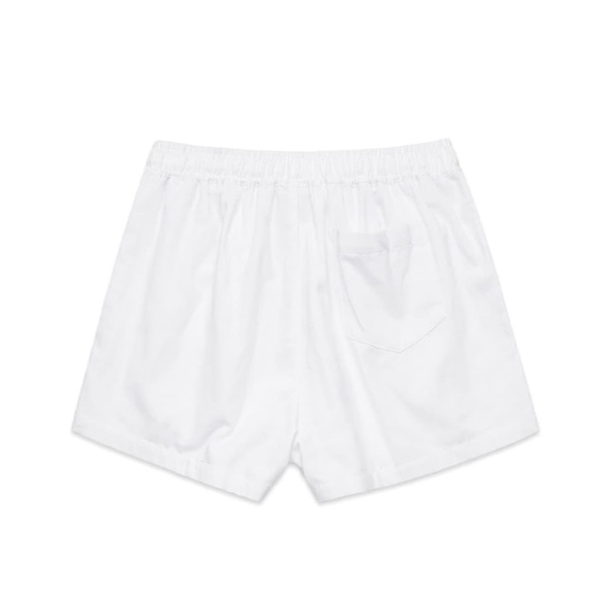 White dress shorts with an elastic waistband and a single back pocket. The product has a branding logo.