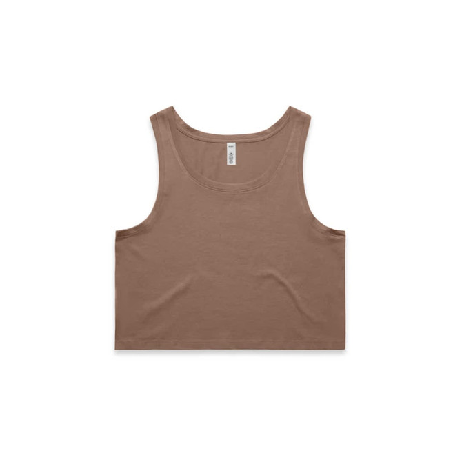 A brown crop singlet featuring a fitted design and a label at the neckline.