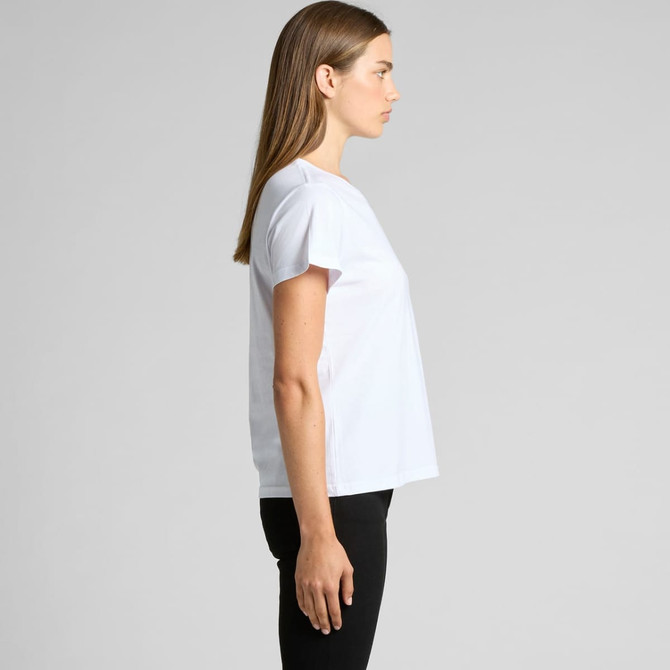 A white basic t-shirt displayed on a model, featuring short sleeves and a relaxed fit.