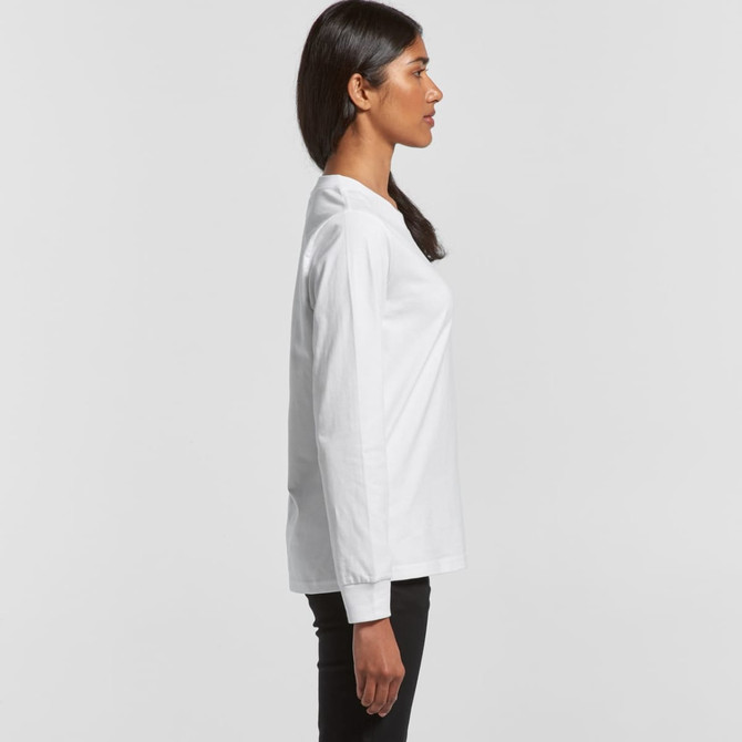 A white long-sleeve T-shirt displayed on a model in profile, featuring a simple design and a subtle logo.