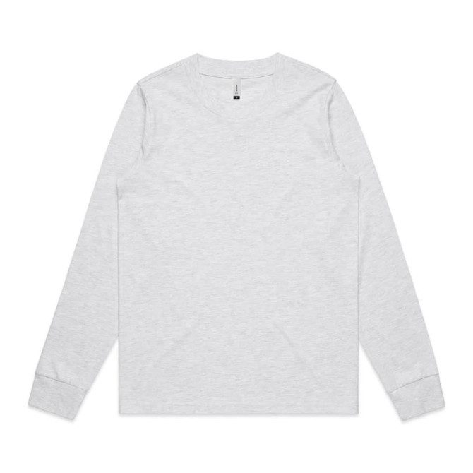 A light grey long-sleeve T-shirt with a round neck and a minimal design, featuring a logo.