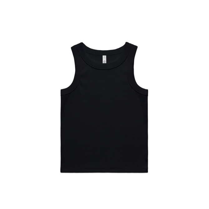 A black ribbed tank top with a classic singlet design and a branded label inside.