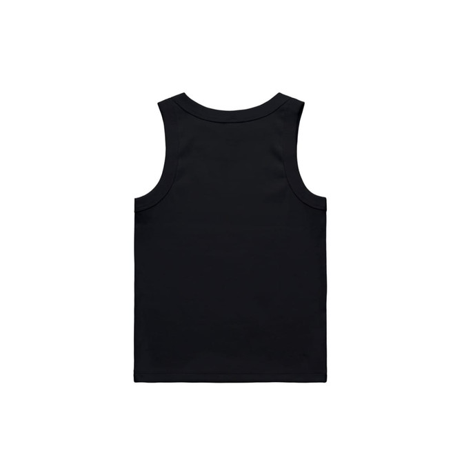 A black organic rib tank top with a simple design and no visible embellishments, featuring a logo on the back.