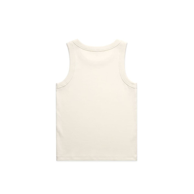 A plain cream organic rib tank top with a sleeveless design and a simple back. It features a small logo.