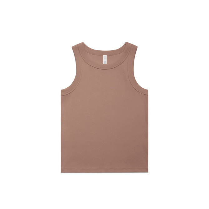 A light brown organic rib tank top featuring broad armholes and a simple design. Includes a logo on the label.