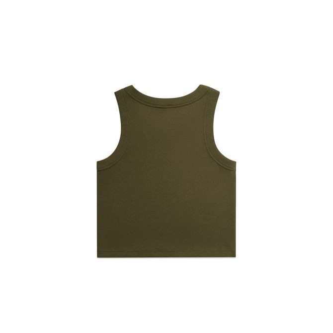 An olive green rib crop tank top with a sleeveless design, featuring a simple back view.