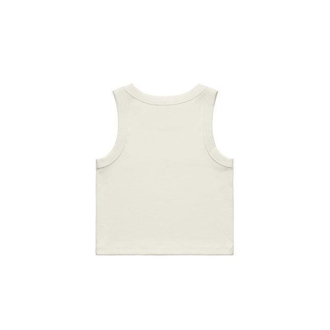 A plain white organic rib crop tank with a sleeveless design and a logo. Back view depicted.