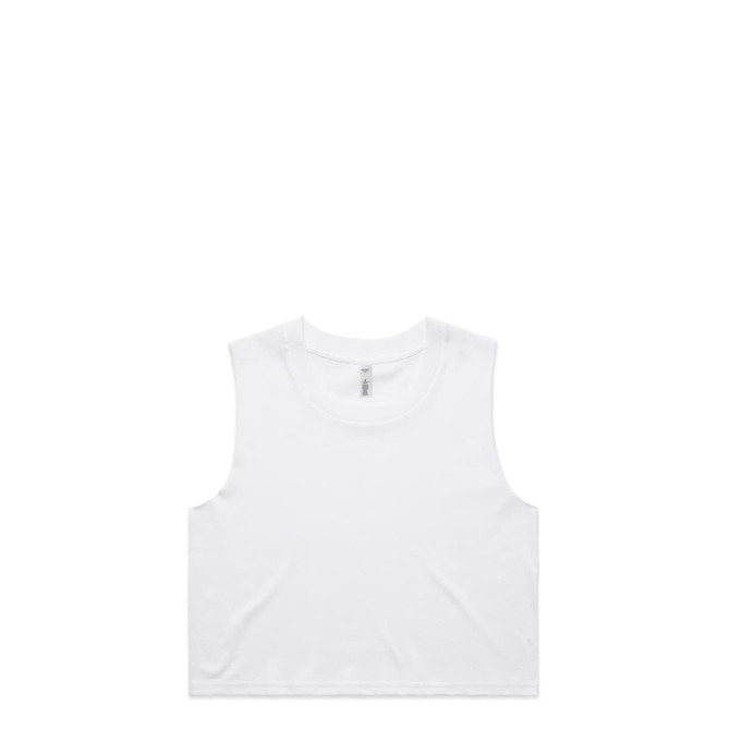 A white crop tank top with a simple design and no additional embellishments. It features a small logo.