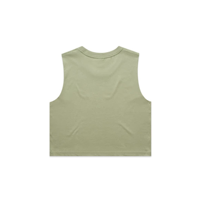 A sleeveless crop tank in a soft green colour, featuring a plain back and a subtle branding logo.
