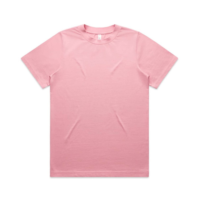 A pink T-shirt with short sleeves and a crew neckline, featuring a simple design and a branding logo.