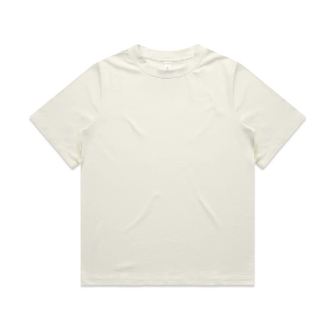 A plain cream heavy T-shirt with short sleeves and a regular fit, featuring a logo on the label.