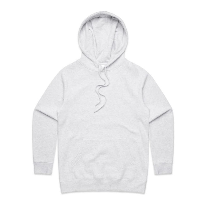 A light grey hoodie with a drawstring hood and a front pocket. It features a logo on the material.