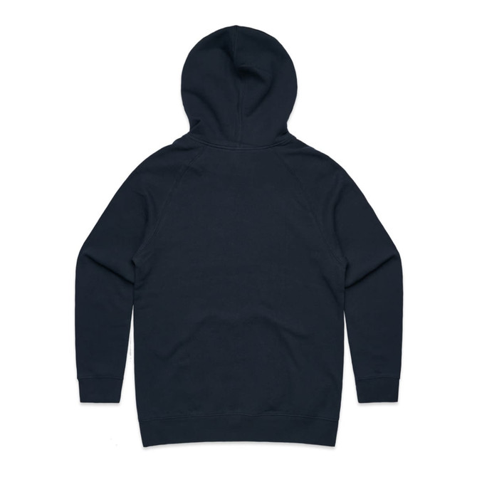 A dark navy hoodie with a hood and long sleeves, featuring a plain back without any visible logos.