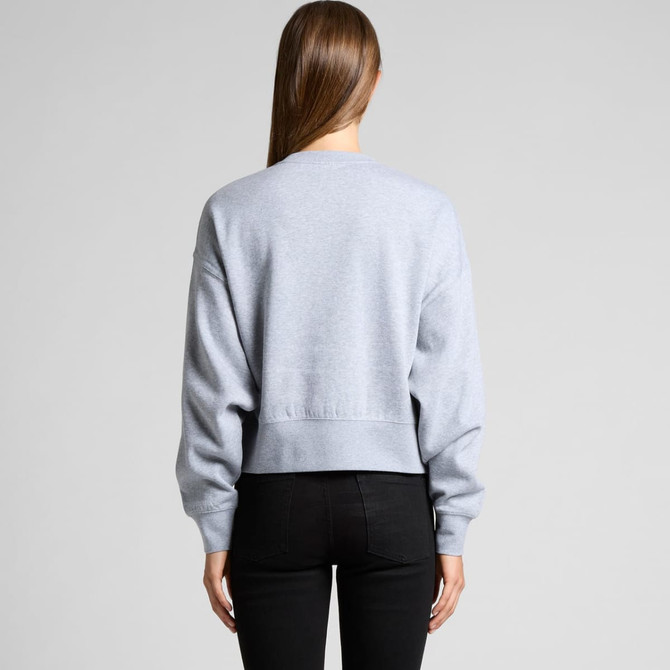 A grey oversized crew jumper with a cropped design and long sleeves, featuring a simple back view.