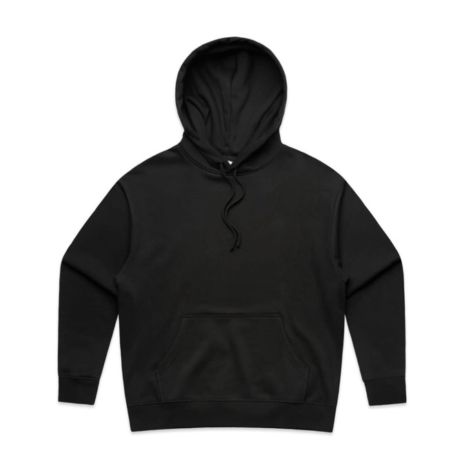 A black hoodie with a front pocket and a drawstring hood. Features a logo.