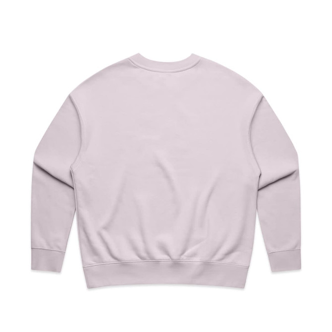 A light pink sweater with long sleeves and a relaxed fit. Features a branding logo on the back.