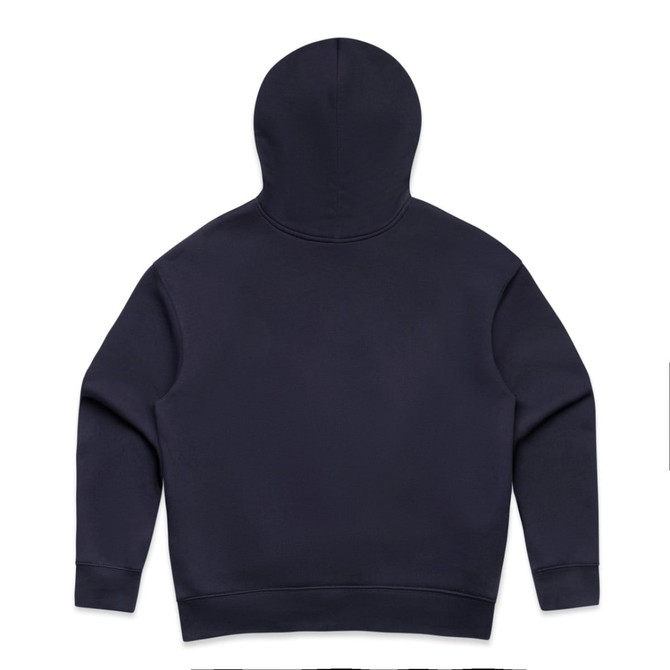 A navy blue hoodie featuring a hood and long sleeves, with a simple design and a logo present.