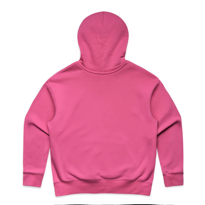 A pink hoodie featuring a spacious hood and long sleeves, has a minimalist design with no visible logos.
