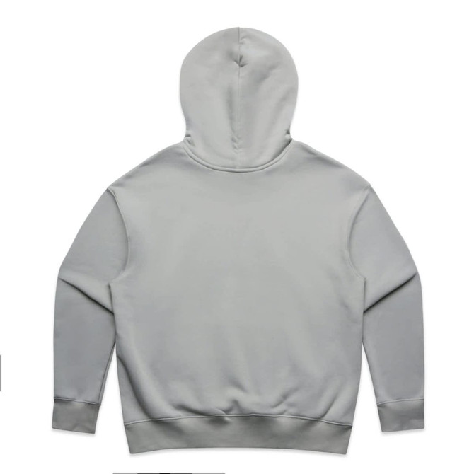 A light grey hoodie with a hood, featuring long sleeves and a simple design. It has a logo on the back.