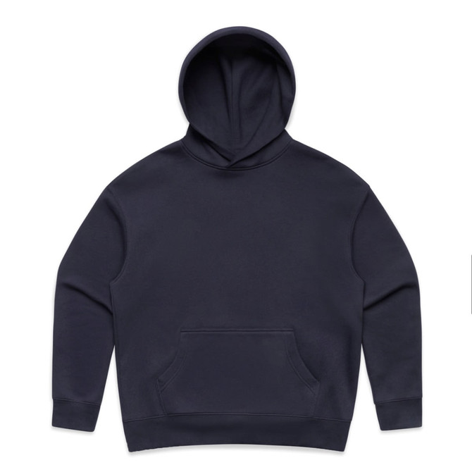 A navy blue hoodie featuring a front pocket and a drawstring hood, with a logo present.