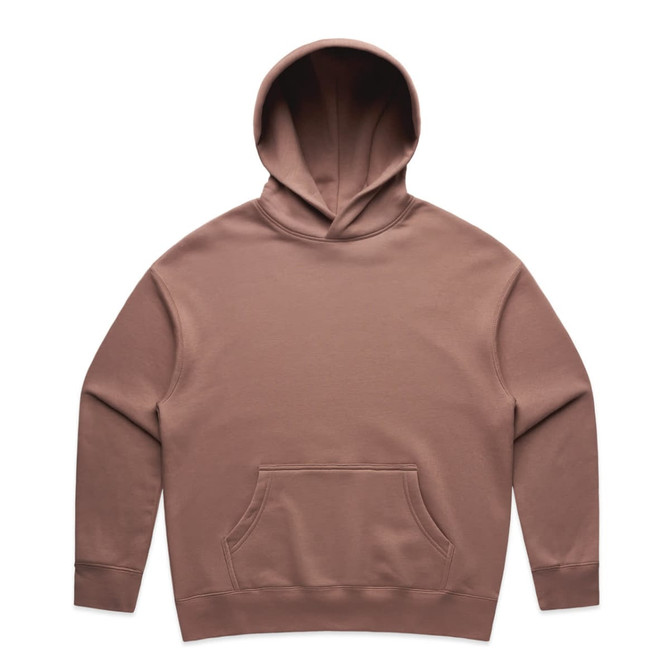 A brown hoodie with a front pocket and a hood, featuring a logo on the front.