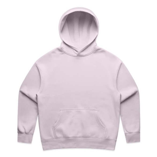 A light purple hoodie with a front pocket and a spacious hood. It features a logo on the design.