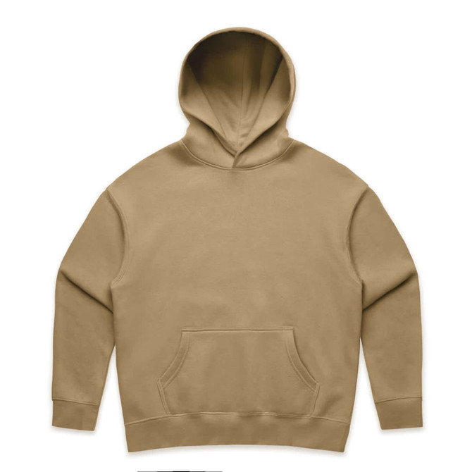 A tan hoodie with a front pocket and a large hood, featuring a logo on the chest area.