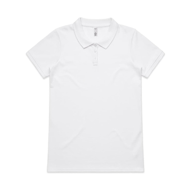 A white polo shirt with a collar and three buttons. It features a logo on the upper left side.