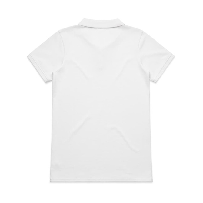 A white polo shirt featuring a classic design and a collar, with a logo on the front.
