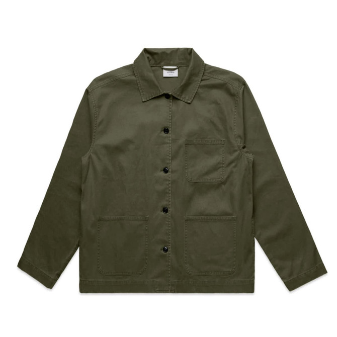 An olive green chore jacket featuring a collared neckline, front pockets, and a button closure. It has a logo.