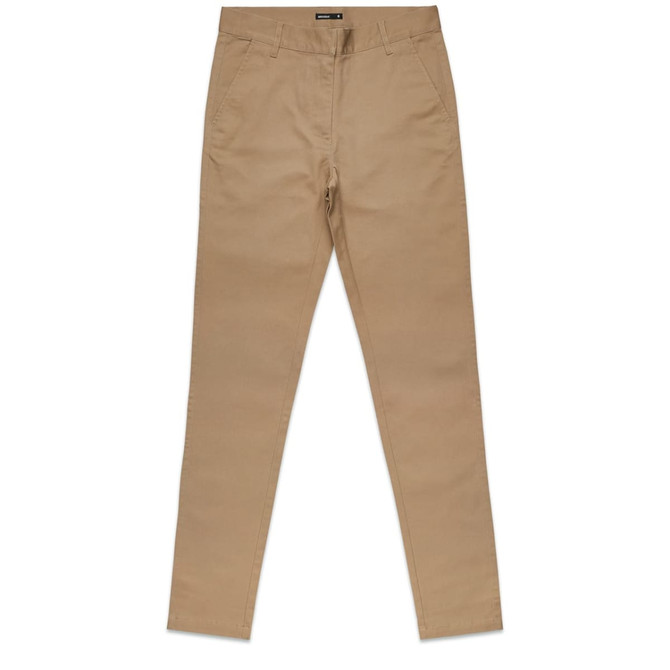 A pair of khaki slacks with a smooth finish, featuring a waistband and pockets. Includes a logo.