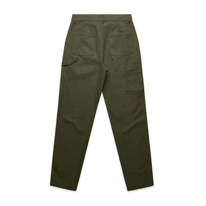 A pair of olive green utility cargo pants featuring rear and side pockets, with a simple design and a logo.