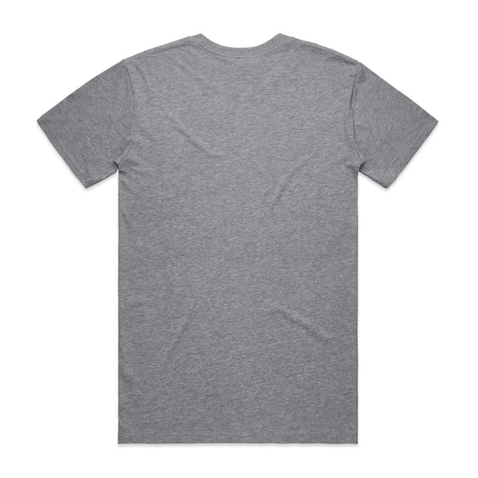 A grey organic T-shirt featuring a simple design and a logo on the back.