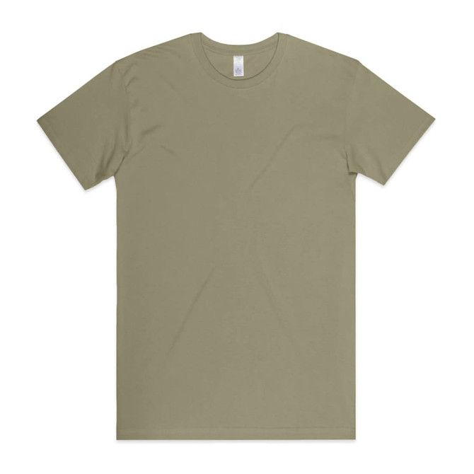 A light olive green t-shirt with a simple design and a branding label at the neck.