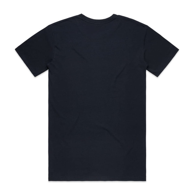 A dark navy organic t-shirt with short sleeves and a plain back. It features a logo.
