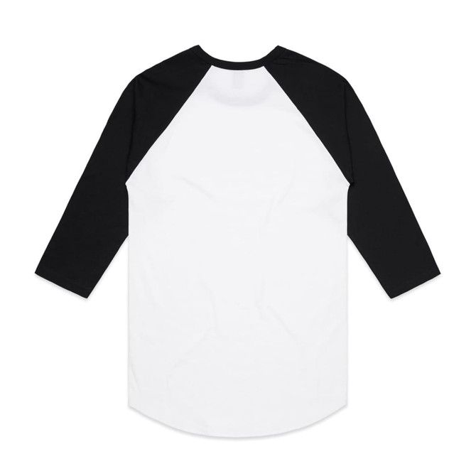A raglan tee featuring a white body with black sleeves. The back view showcases the contrasting colours and a logo.