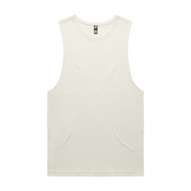 A plain off-white singlet tank top featuring a logo. The design is simple with no additional patterns.