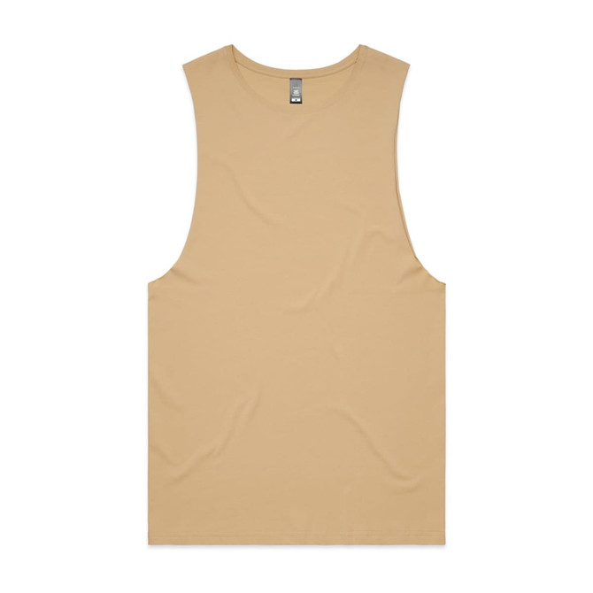 A tan sleeveless tank top with a relaxed fit and a small logo on the label.