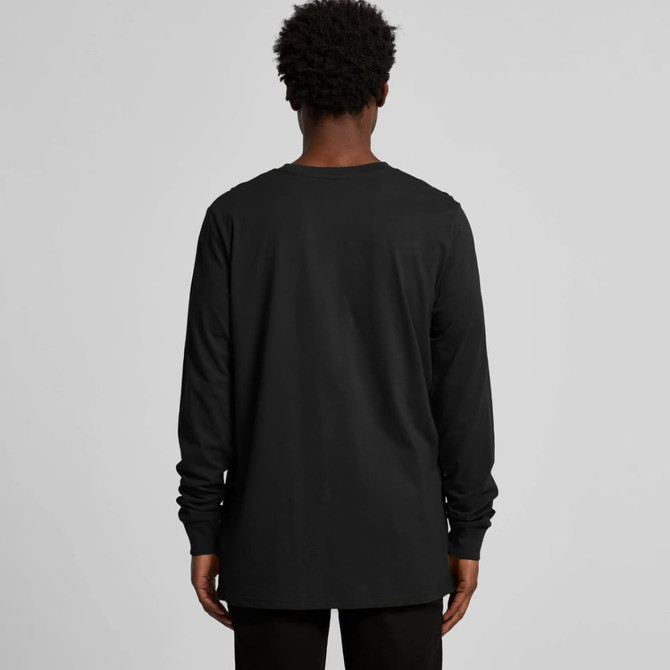 A black long-sleeve t-shirt with a logo on the back, modelled by a person facing away from the camera.